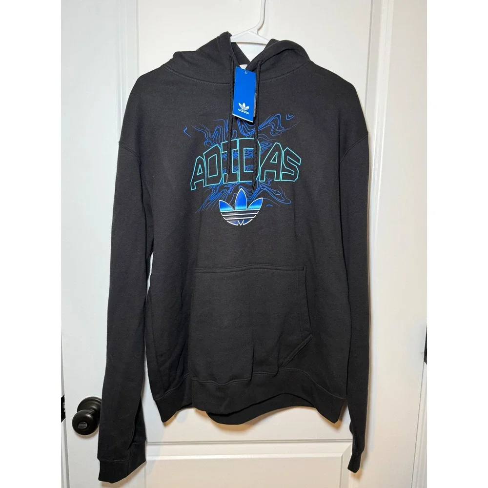 Adidas Originals Mens‎ Black Trefoil Graphic Hoodie Blue Teal Pullover Large NWT